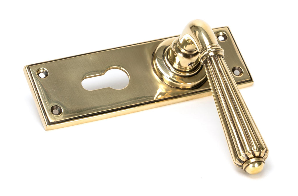 White background image of From The Anvil's Aged Brass Hinton Lever Euro Lock Set | From The Anvil