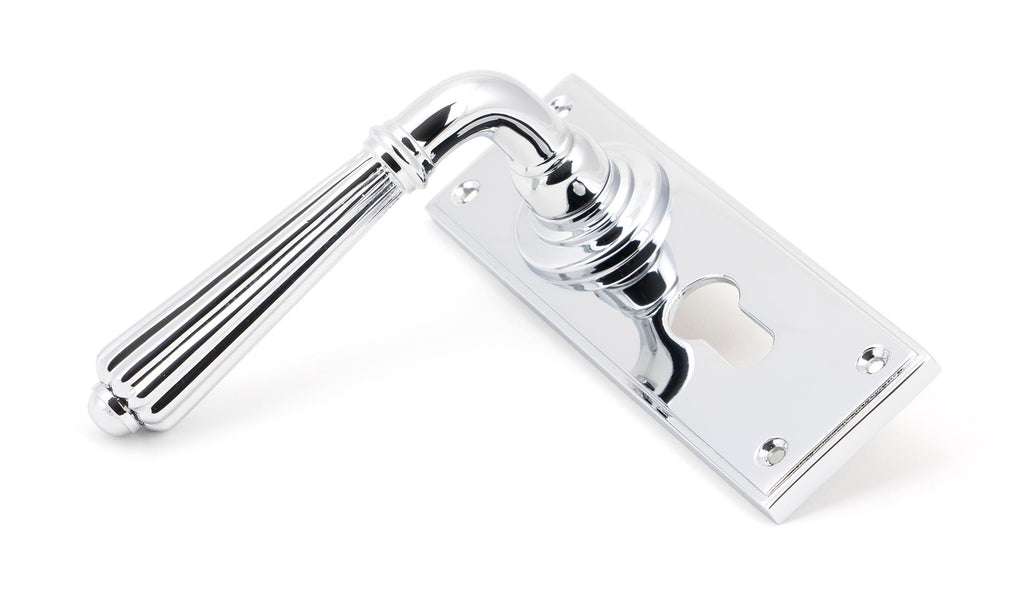 White background image of From The Anvil's Polished Chrome Hinton Lever Euro Lock Set | From The Anvil