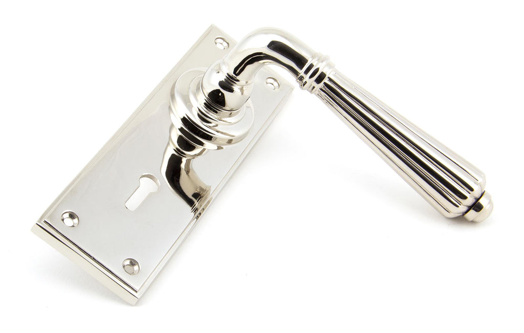 White background image of From The Anvil's Polished Nickel Hinton Lever Lock Set | From The Anvil