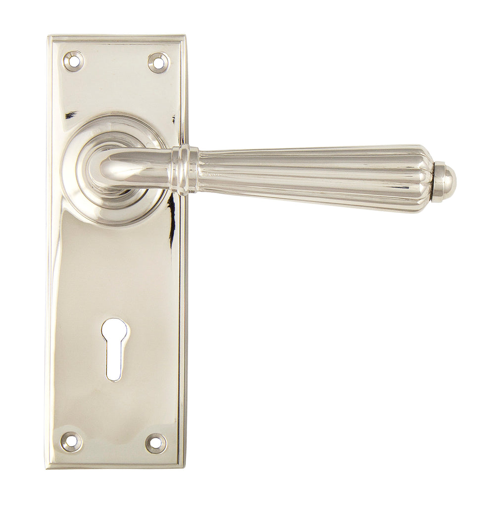 White background image of From The Anvil's Polished Nickel Hinton Lever Lock Set | From The Anvil