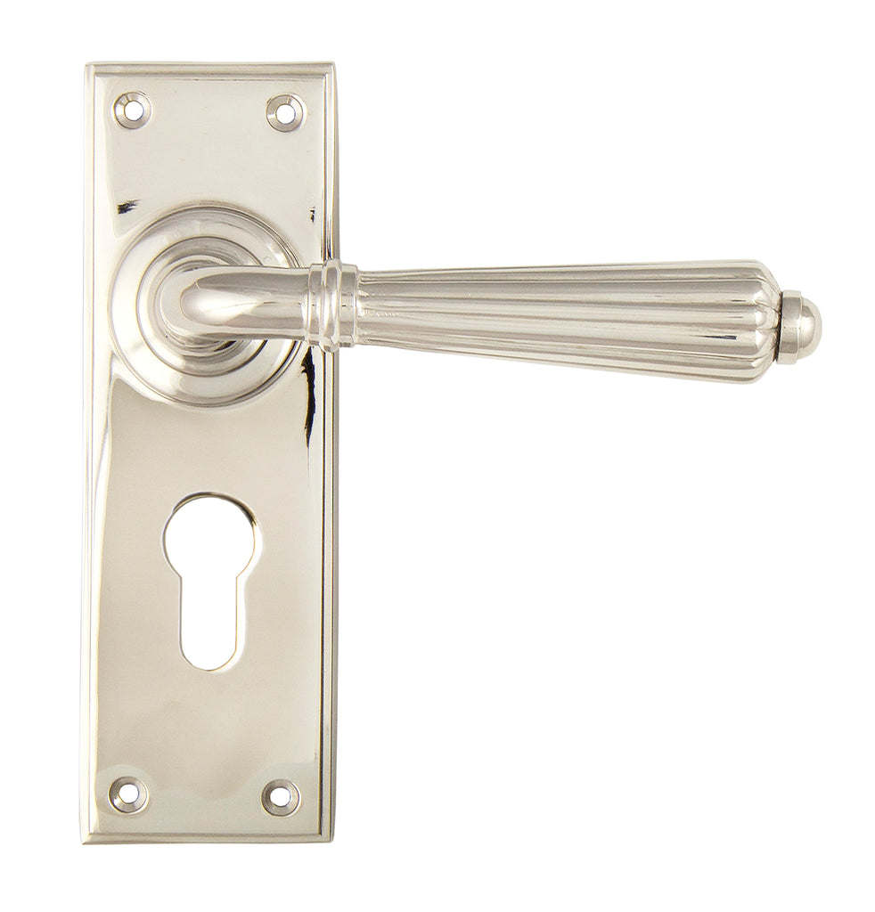 White background image of From The Anvil's Polished Nickel Hinton Lever Euro Lock Set | From The Anvil