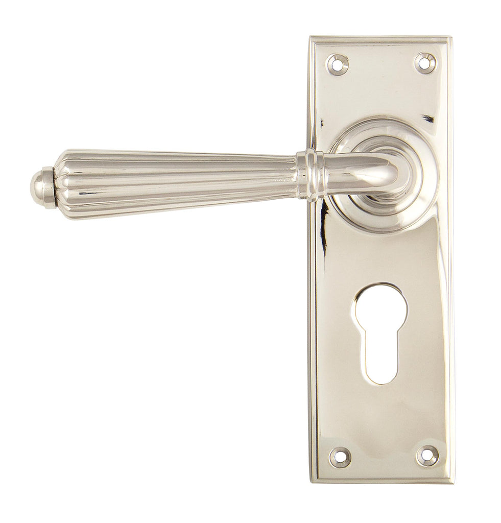 White background image of From The Anvil's Polished Nickel Hinton Lever Euro Lock Set | From The Anvil