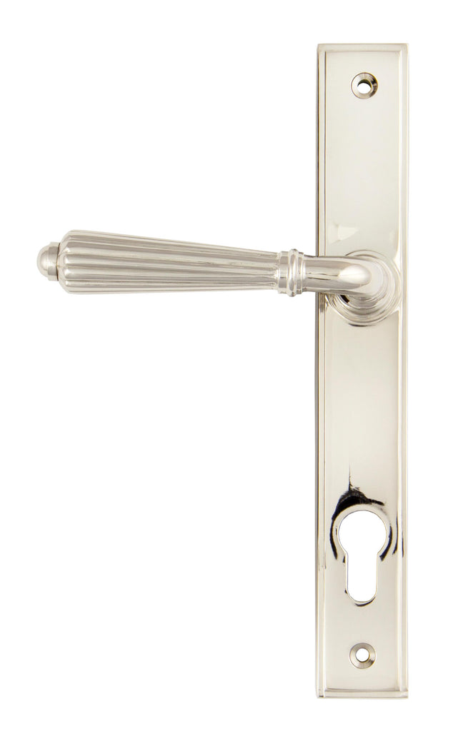 White background image of From The Anvil's Polished Nickel Hinton Slimline Lever Espag. Lock Set | From The Anvil