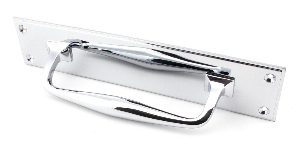 White background image of From The Anvil's Polished Chrome Art Deco Pull Handle on Backplate | From The Anvil