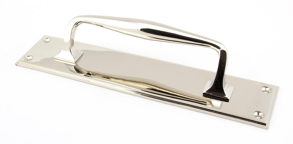 White background image of From The Anvil's Polished Nickel Art Deco Pull Handle on Backplate | From The Anvil