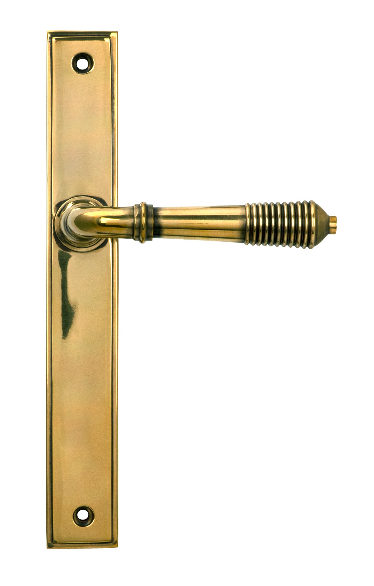 From The Anvil's Aged Brass Reeded Slimline Lever Espag. Latch Set
