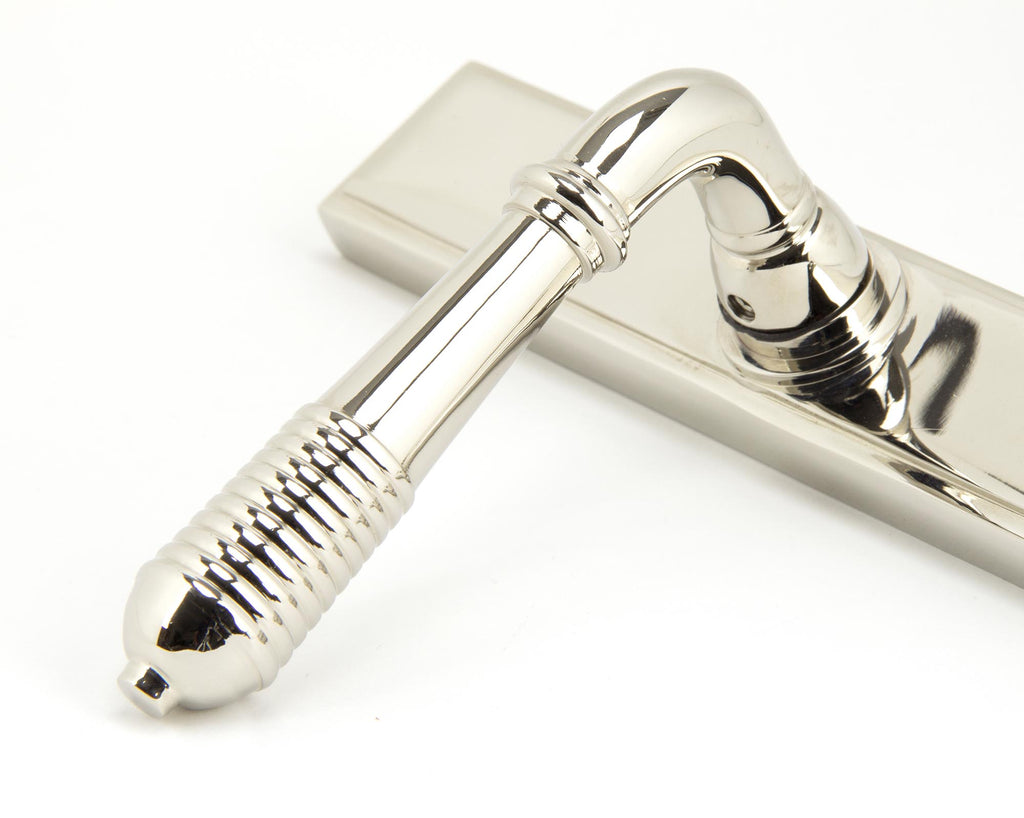 White background image of From The Anvil's Polished Nickel Reeded Slimline Lever Espag. Latch Set | From The Anvil