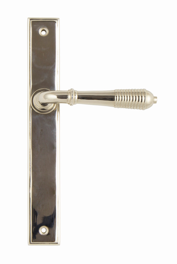 White background image of From The Anvil's Polished Nickel Reeded Slimline Lever Espag. Latch Set | From The Anvil