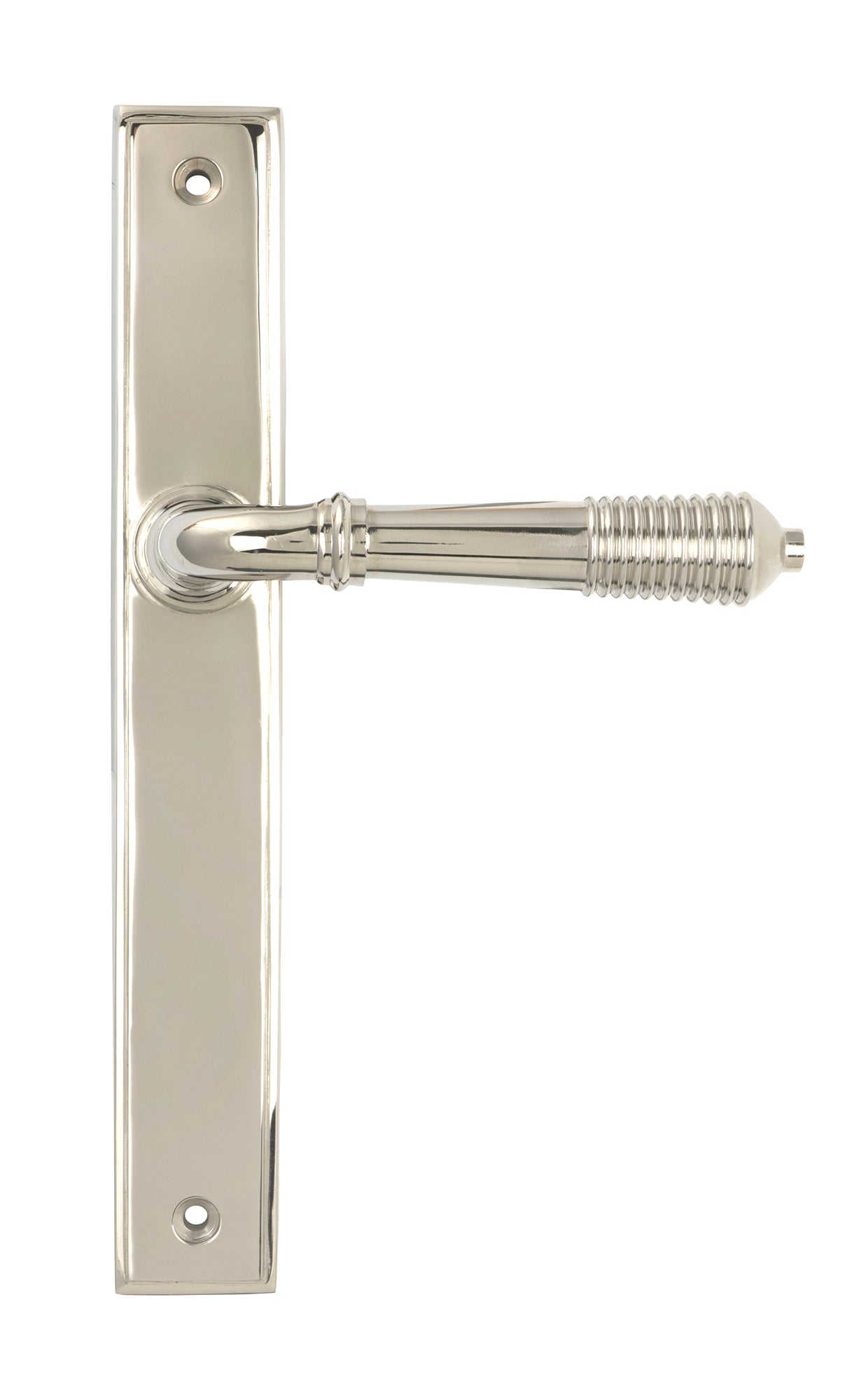 From The Anvil's Polished Nickel Reeded Slimline Lever Espag. Latch Set