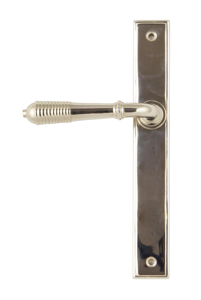 White background image of From The Anvil's Polished Nickel Reeded Slimline Lever Espag. Latch Set | From The Anvil