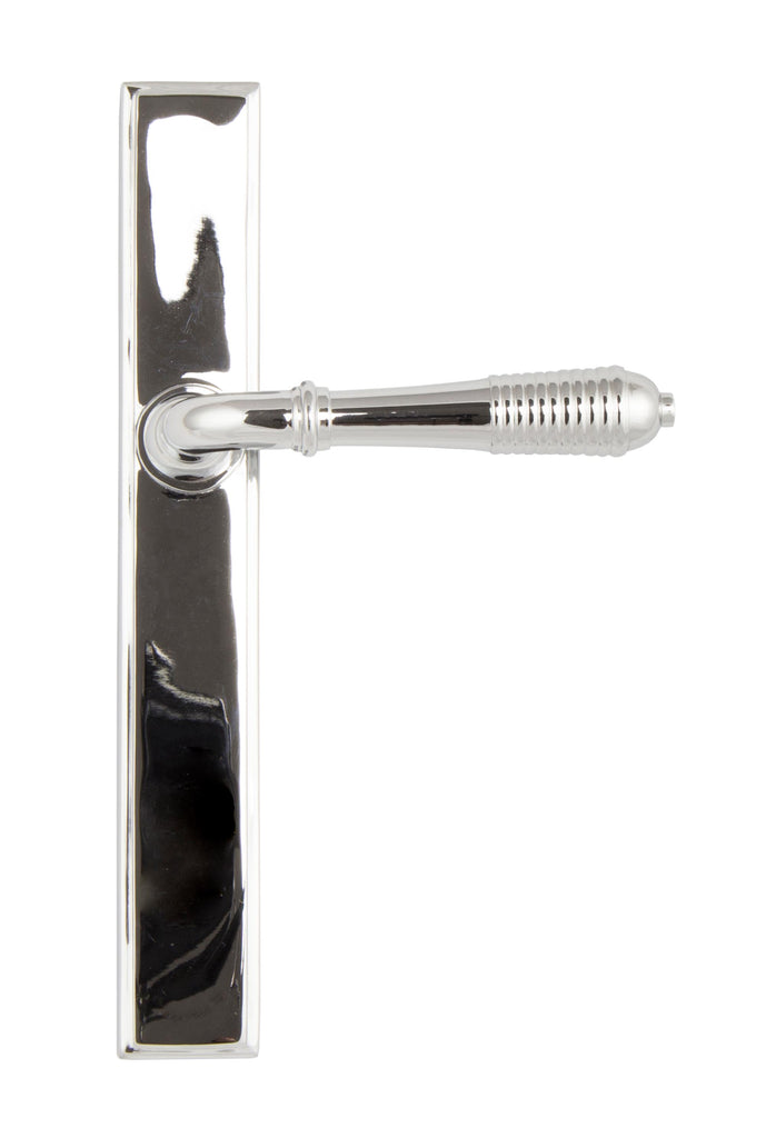 White background image of From The Anvil's Polished Chrome Reeded Slimline Lever Espag. Latch Set | From The Anvil