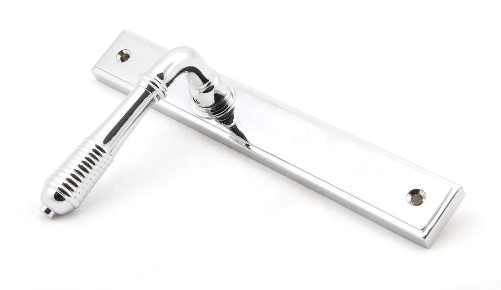 White background image of From The Anvil's Polished Chrome Reeded Slimline Lever Espag. Latch Set | From The Anvil