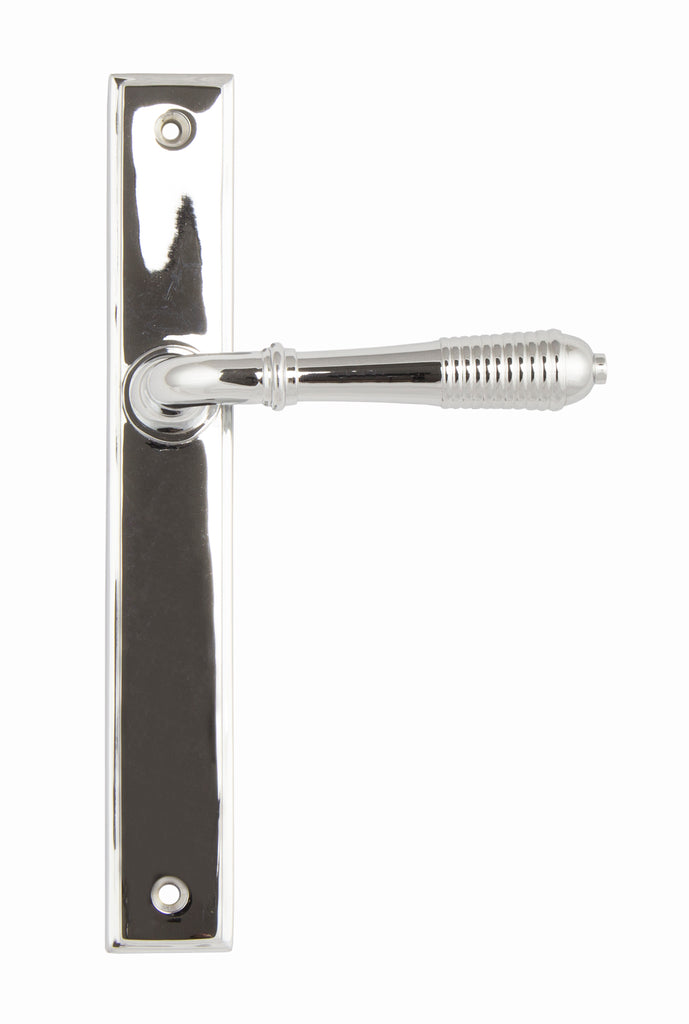 White background image of From The Anvil's Polished Chrome Reeded Slimline Lever Espag. Latch Set | From The Anvil