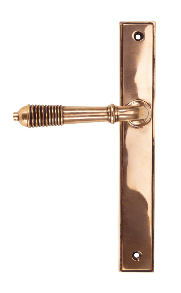White background image of From The Anvil's Polished Bronze Reeded Slimline Lever Espag. Latch Set | From The Anvil