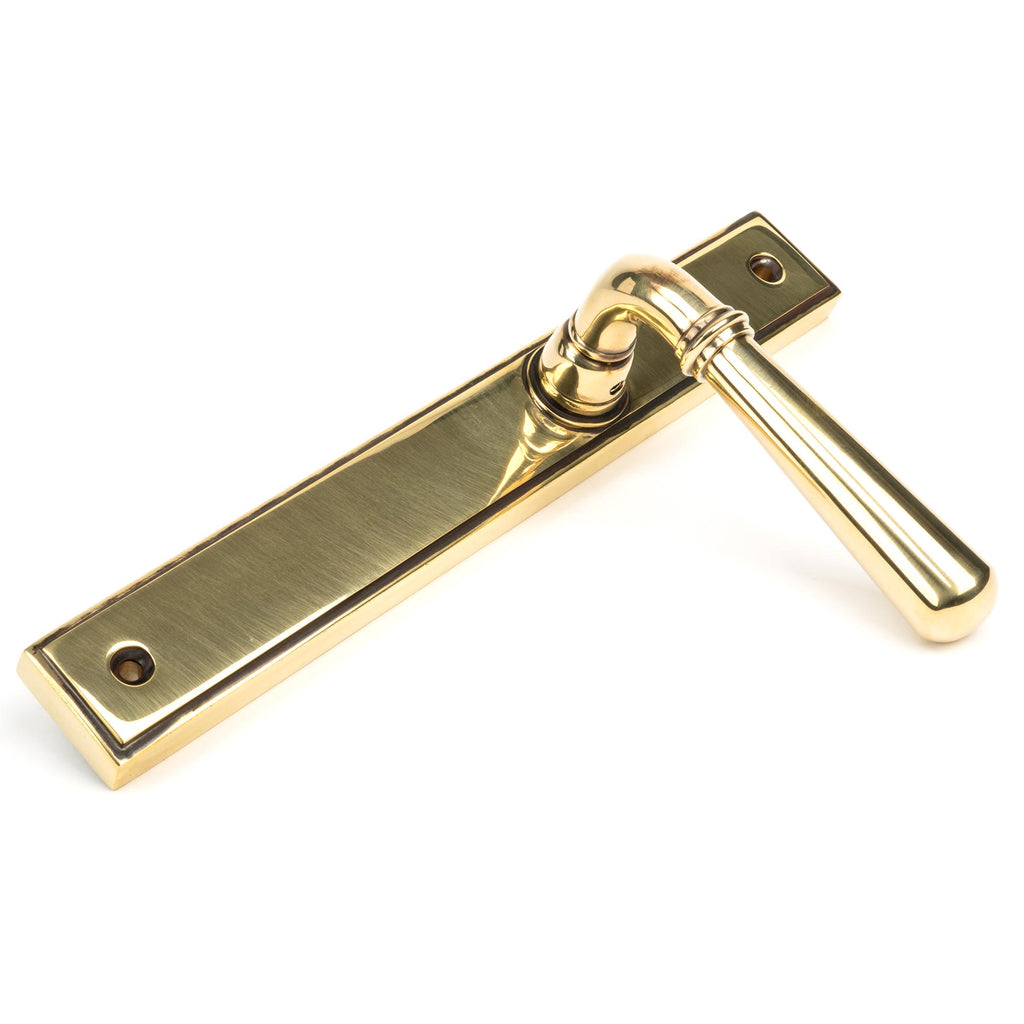 White background image of From The Anvil's Aged Brass Newbury Slimline Lever Espag. Latch Set | From The Anvil