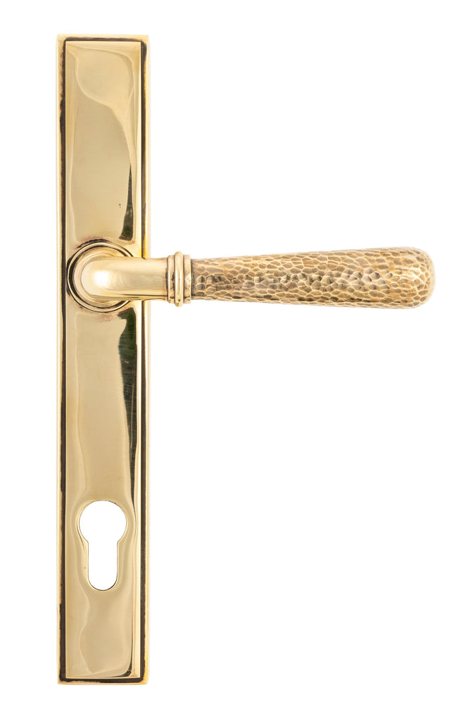 White background image of From The Anvil's Aged Brass Hammered Newbury Slimline Espag. Lock Set | From The Anvil