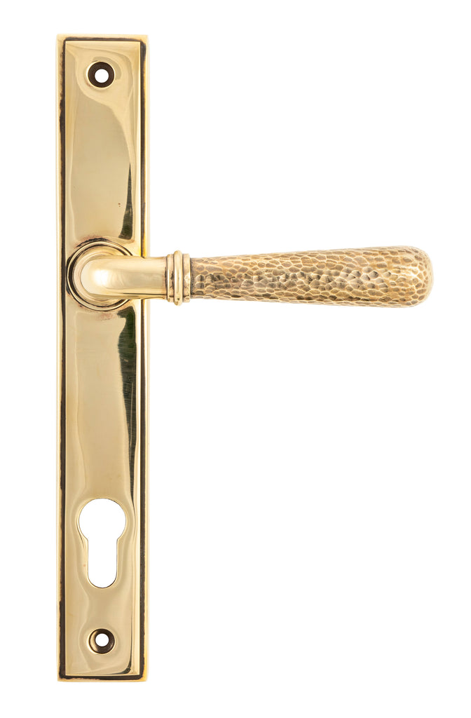 White background image of From The Anvil's Aged Brass Hammered Newbury Slimline Espag. Lock Set | From The Anvil