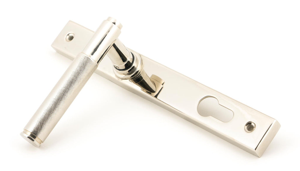 White background image of From The Anvil's Polished Nickel Brompton Slimline Lever Espag. Lock Set | From The Anvil