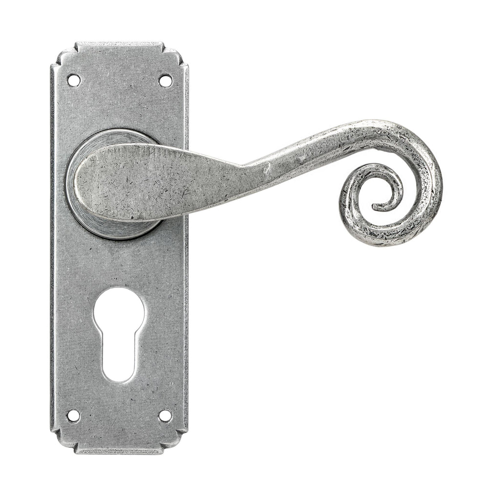 White background image of From The Anvil's Pewter Patina Monkeytail Lever Euro Lock Set | From The Anvil