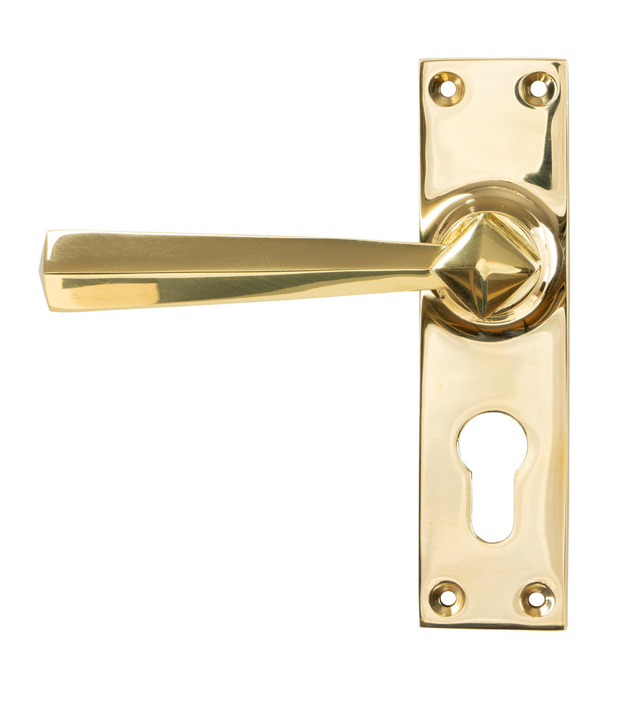 White background image of From The Anvil's Polished Brass Straight Lever Euro Lock Set | From The Anvil