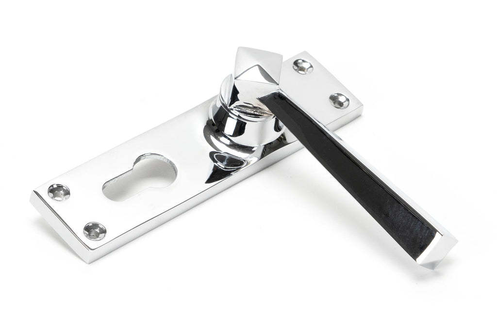 White background image of From The Anvil's Polished Chrome Straight Lever Euro Lock Set | From The Anvil