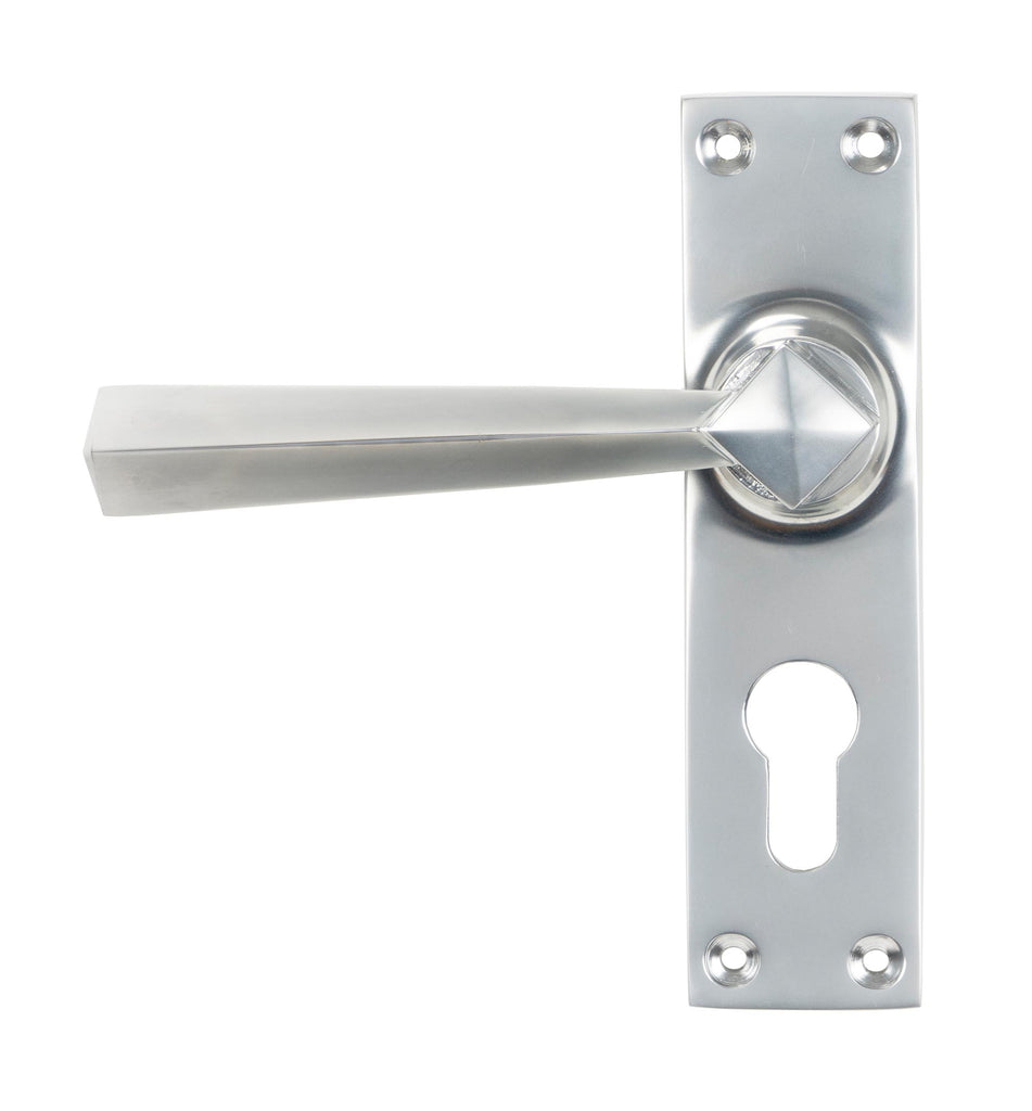 White background image of From The Anvil's Satin Chrome Straight Lever Euro Lock Set | From The Anvil