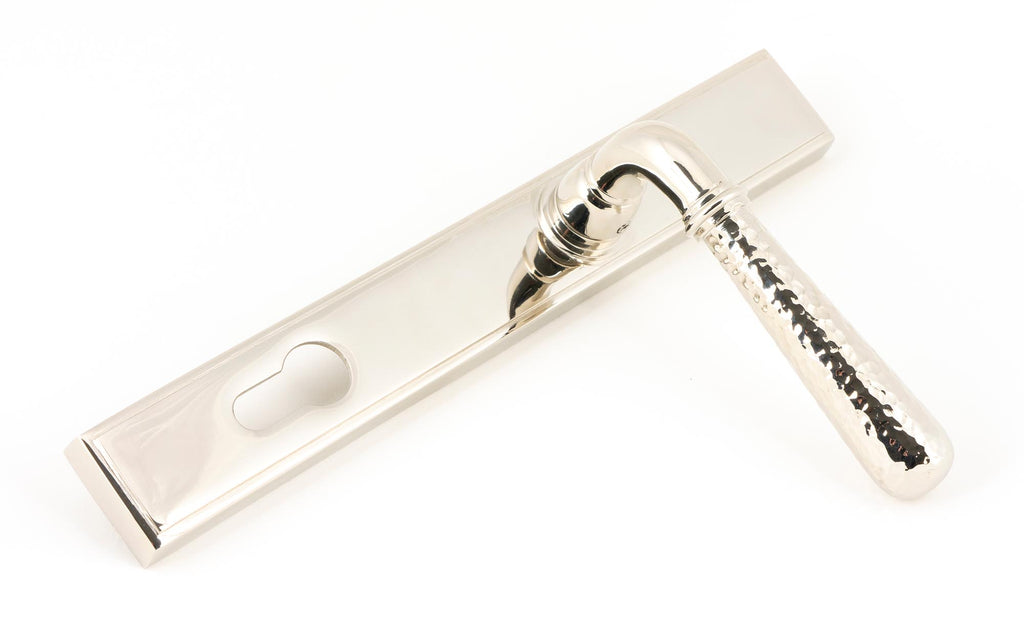 White background image of From The Anvil's Polished Nickel Hammered Newbury Slimline Espag. Lock Set | From The Anvil