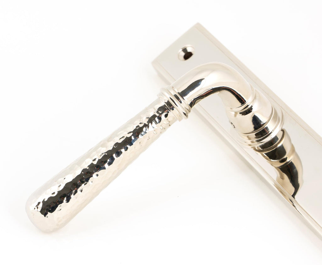 White background image of From The Anvil's Polished Nickel Hammered Newbury Slimline Espag. Lock Set | From The Anvil