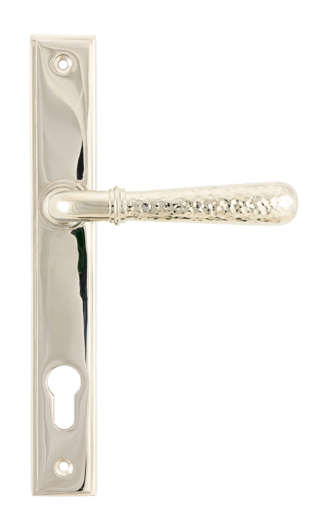 White background image of From The Anvil's Polished Nickel Hammered Newbury Slimline Espag. Lock Set | From The Anvil