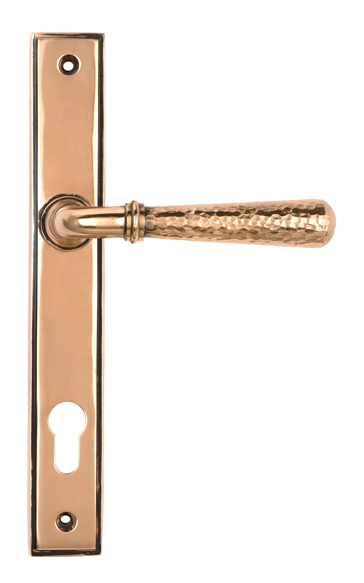 From The Anvil's Polished Bronze Hammered Newbury Slimline Espag. Lock Set