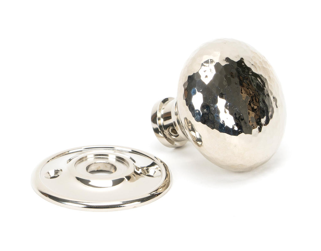 White background image of From The Anvil's Polished Nickel Hammered Mushroom Mortice/Rim Knob Set | From The Anvil