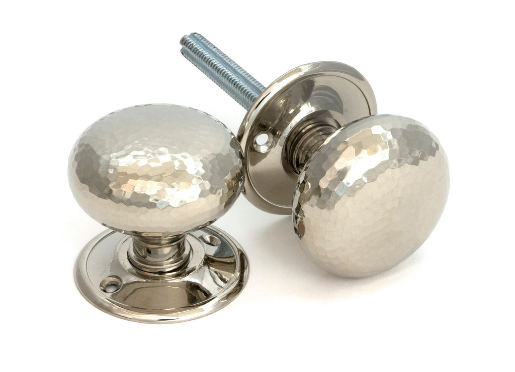 From The Anvil's Polished Nickel Hammered Mushroom Mortice/Rim Knob Set