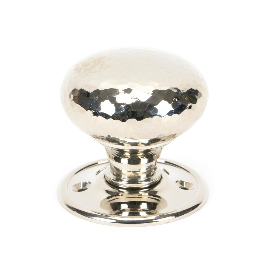 White background image of From The Anvil's Polished Nickel Hammered Mushroom Mortice/Rim Knob Set | From The Anvil