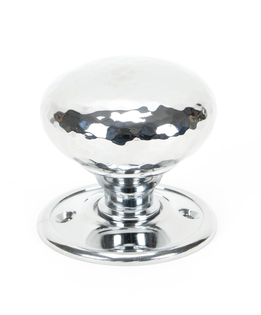 White background image of From The Anvil's Polished Chrome Hammered Mushroom Mortice/Rim Knob Set | From The Anvil
