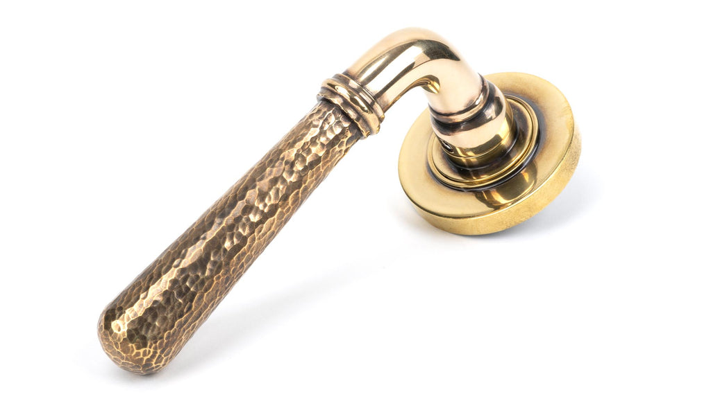 White background image of From The Anvil's Aged Brass Hammered Newbury Lever on Rose Set (Sprung) | From The Anvil