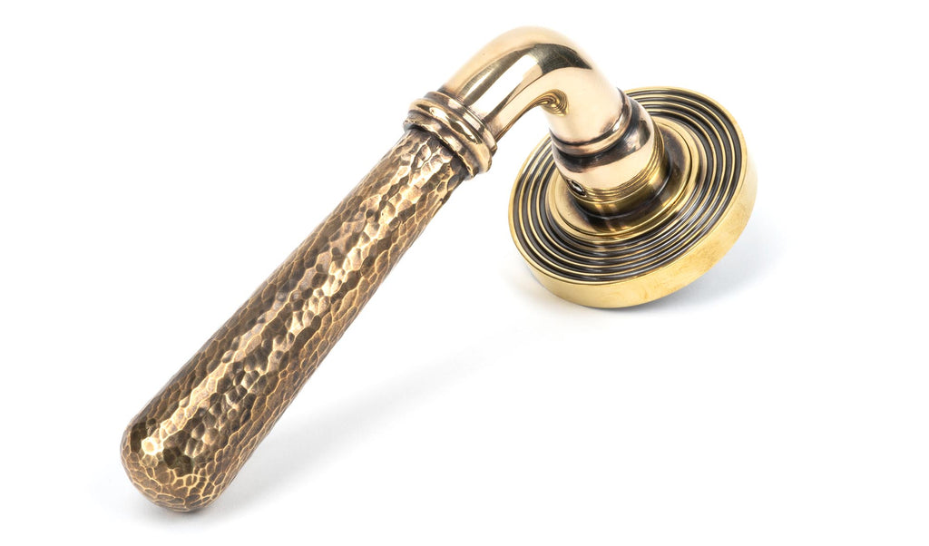 White background image of From The Anvil's Aged Brass Hammered Newbury Lever on Rose Set (Sprung) | From The Anvil