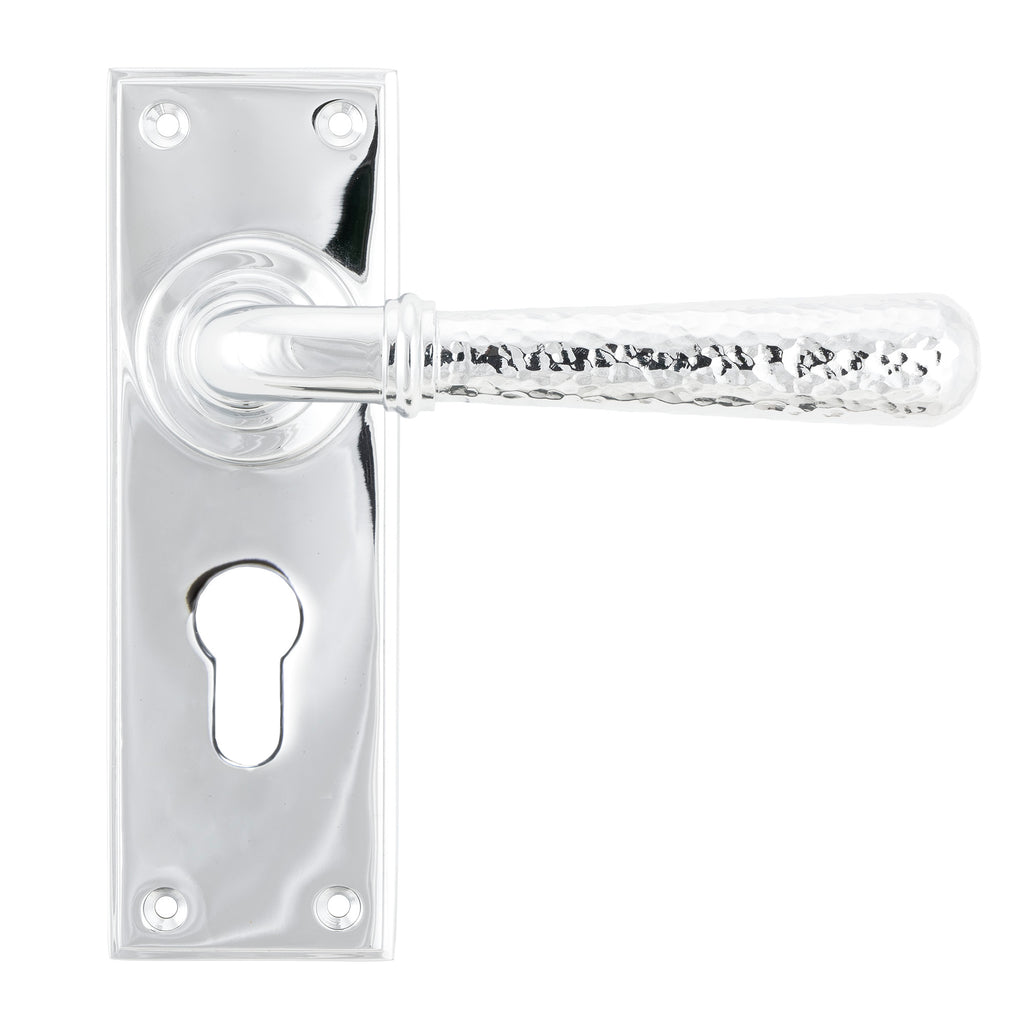 White background image of From The Anvil's Polished Chrome Hammered Newbury Lever Euro Lock Set | From The Anvil