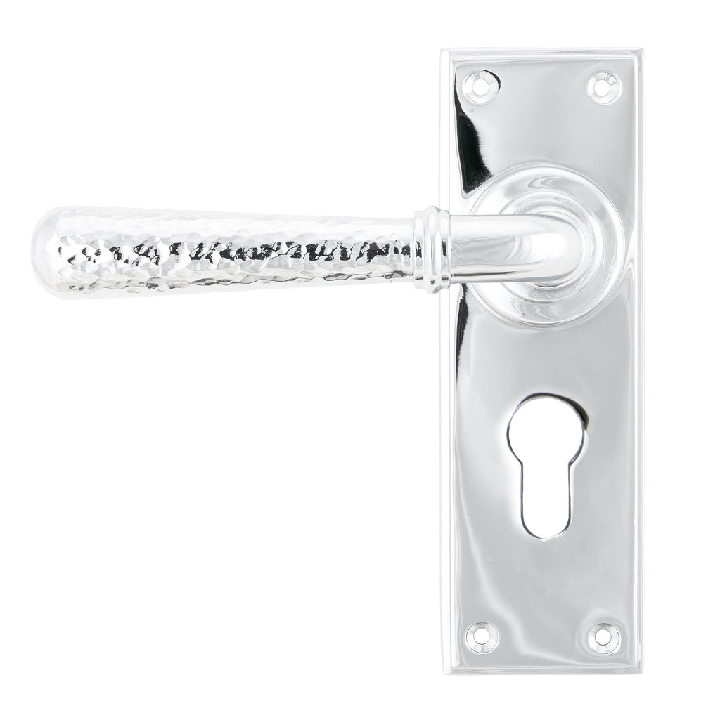 White background image of From The Anvil's Polished Chrome Hammered Newbury Lever Euro Lock Set | From The Anvil
