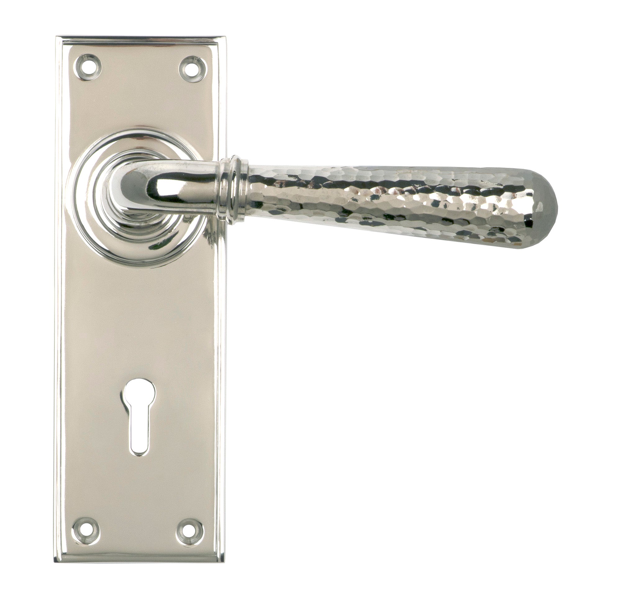 From The Anvil's Polished Nickel Hammered Newbury Lever Lock Set