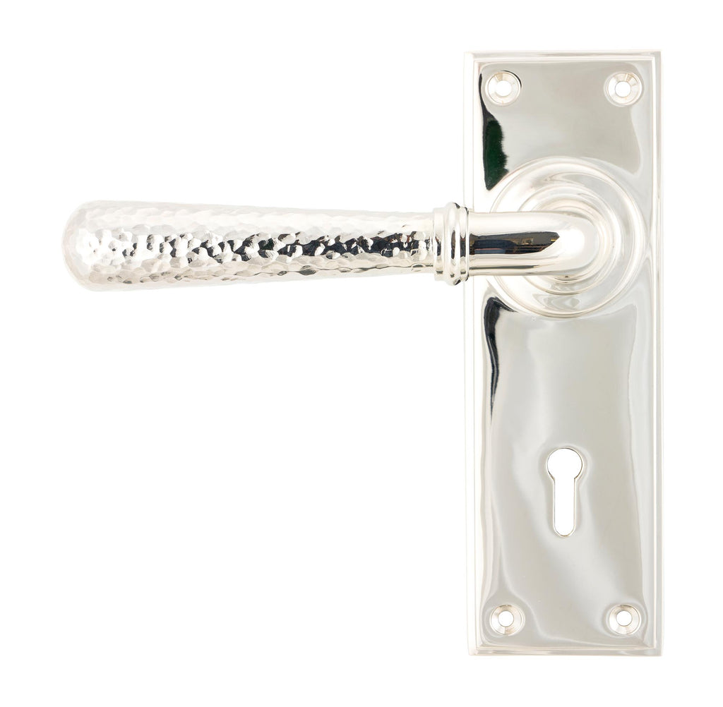 White background image of From The Anvil's Polished Nickel Hammered Newbury Lever Lock Set | From The Anvil