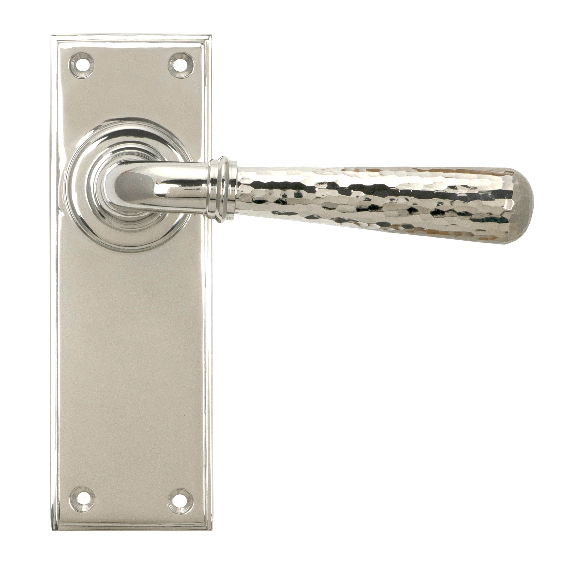 From The Anvil's Polished Nickel Hammered Newbury Lever Latch Set