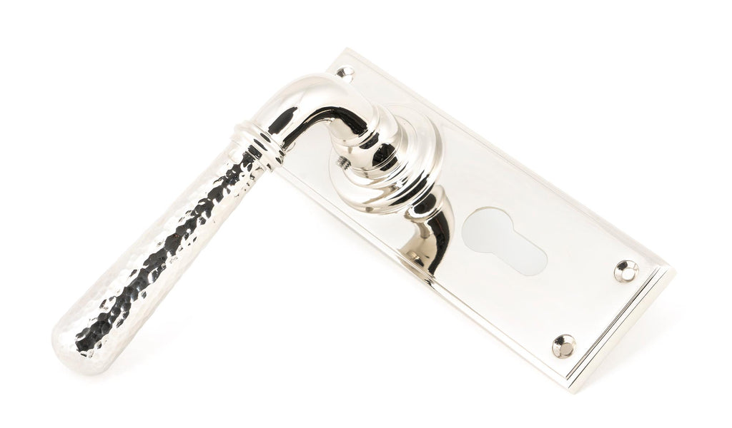 White background image of From The Anvil's Polished Nickel Hammered Newbury Lever Euro Lock Set | From The Anvil
