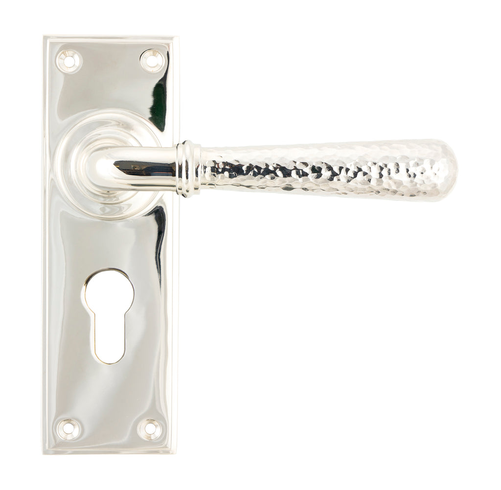 White background image of From The Anvil's Polished Nickel Hammered Newbury Lever Euro Lock Set | From The Anvil