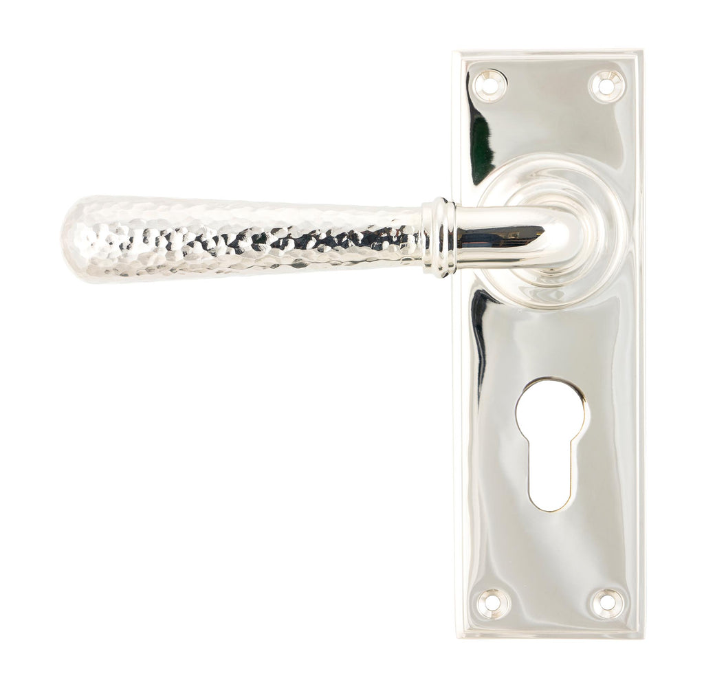 White background image of From The Anvil's Polished Nickel Hammered Newbury Lever Euro Lock Set | From The Anvil