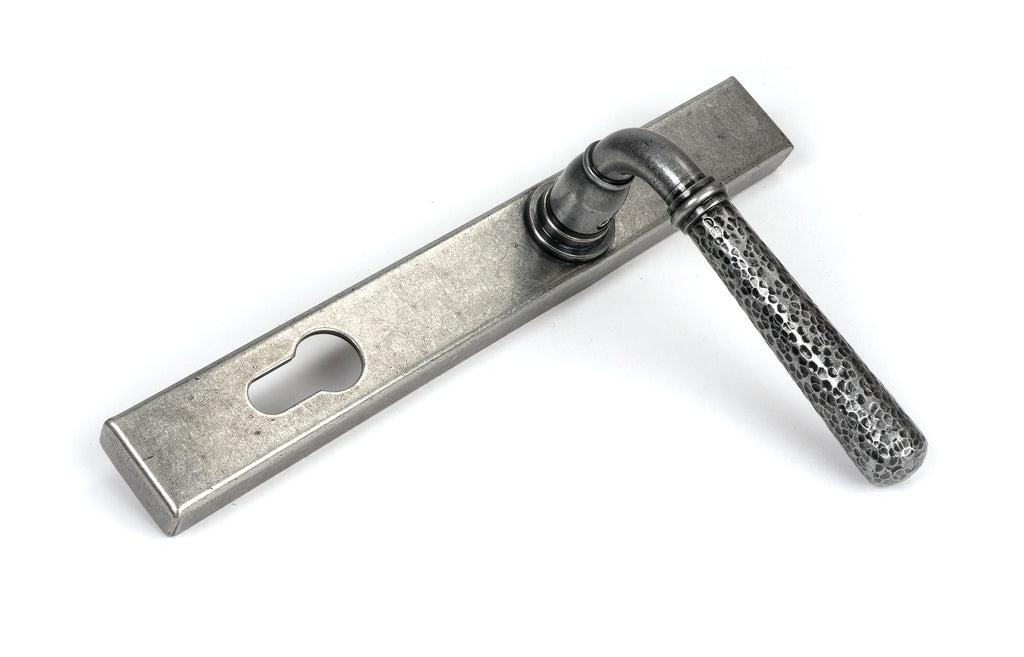 White background image of From The Anvil's Pewter Patina Hammered Newbury Slimline Espag. Lock Set | From The Anvil