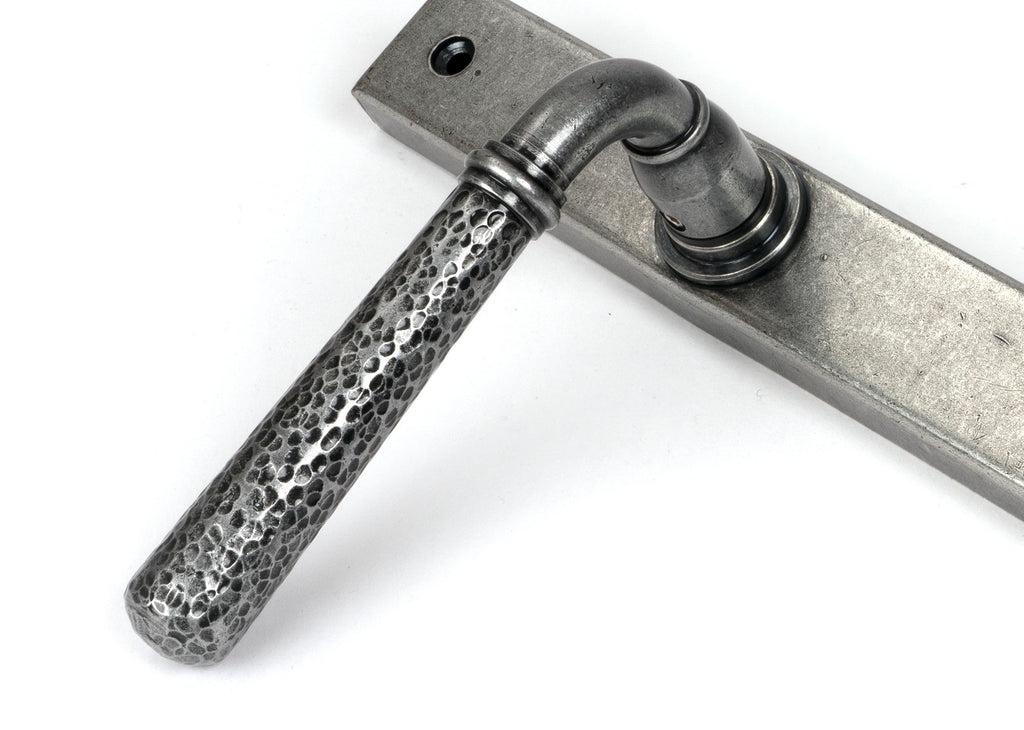 White background image of From The Anvil's Pewter Patina Hammered Newbury Slimline Espag. Lock Set | From The Anvil