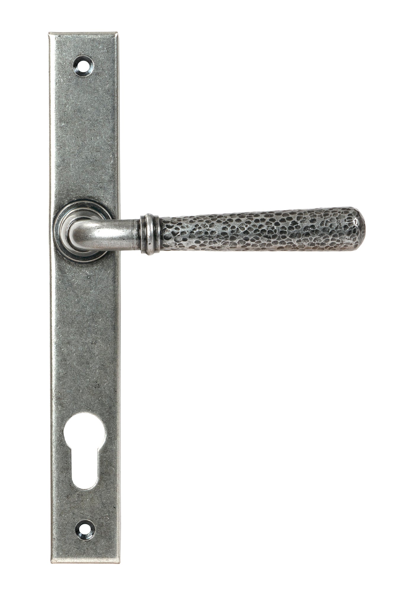 From The Anvil's Pewter Patina Hammered Newbury Slimline Espag. Lock Set