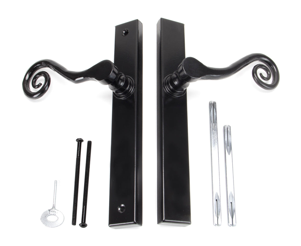 White background image of From The Anvil's Black Monkeytail Slimline Lever Espag. Latch Set | From The Anvil