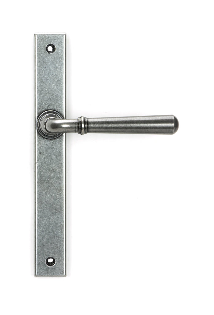 White background image of From The Anvil's Pewter Patina Newbury Slimline Lever Espag. Latch Set | From The Anvil