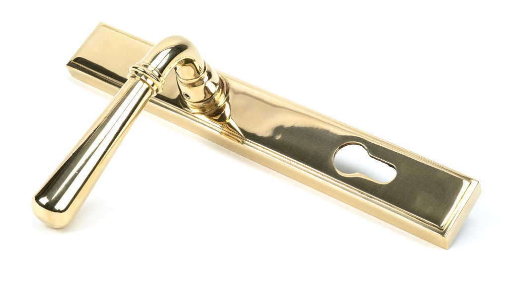 White background image of From The Anvil's Polished Brass Newbury Slimline Lever Espag. Lock Set | From The Anvil